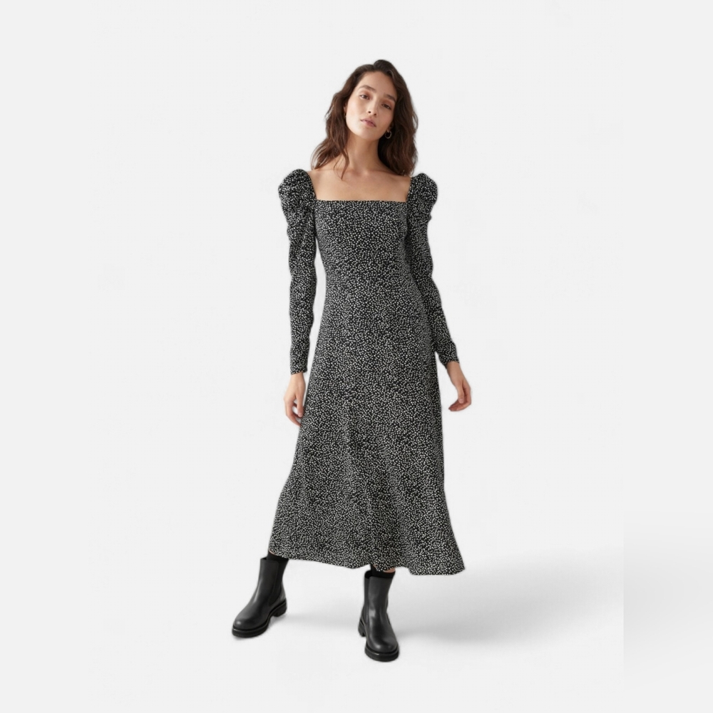& Other Stories Long Line Long Sleeve Black White speck Print Dress Size 4